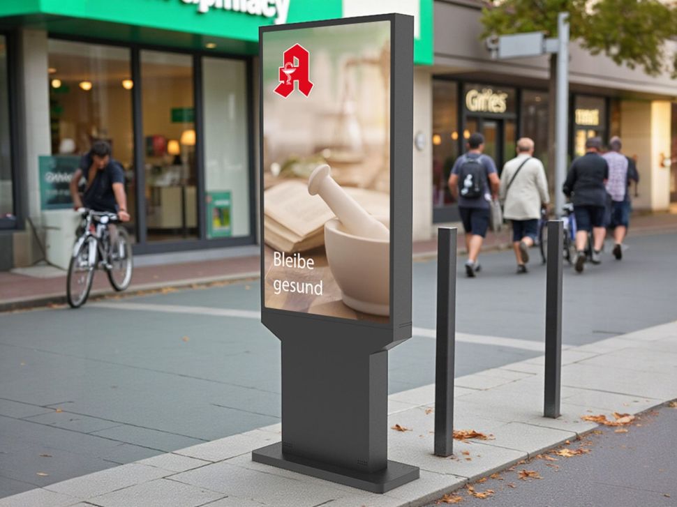 Außenwerbung für eine Apotheke mit Mörser und Stößel. Straßenszene mit Fußgängern, Radfahrer und Gebäude.