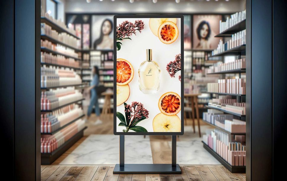 Digitale Anzeigetafel in einem Kosmetikgeschäft, die einen Parfümflakon inmitten von Früchten und Blumen präsentiert. Im Hintergrund Regale mit Produkten.