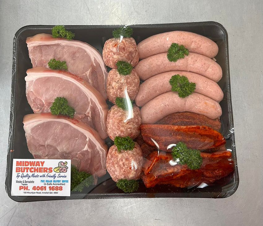 A Tray of Meat and Sausages from Midway Butchers — Midway Butchers in Mission Beach, QLD
