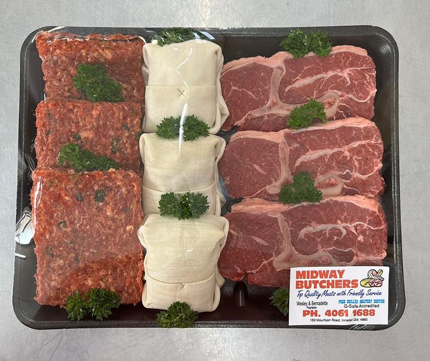 A Tray of Meat from Midway Butchers on a Table — Midway Butchers in Tully, QLD