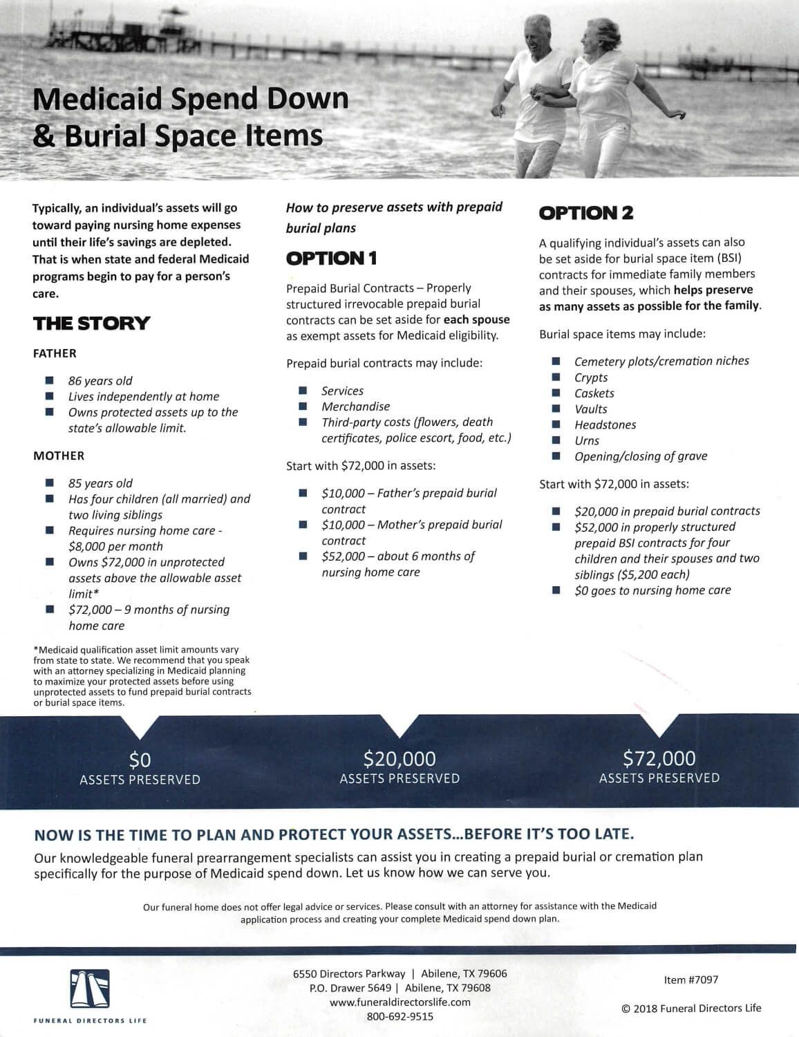 Flyer about Medicaid spend down and burial space items, showing two people at the beach, and financial options for estate planning.