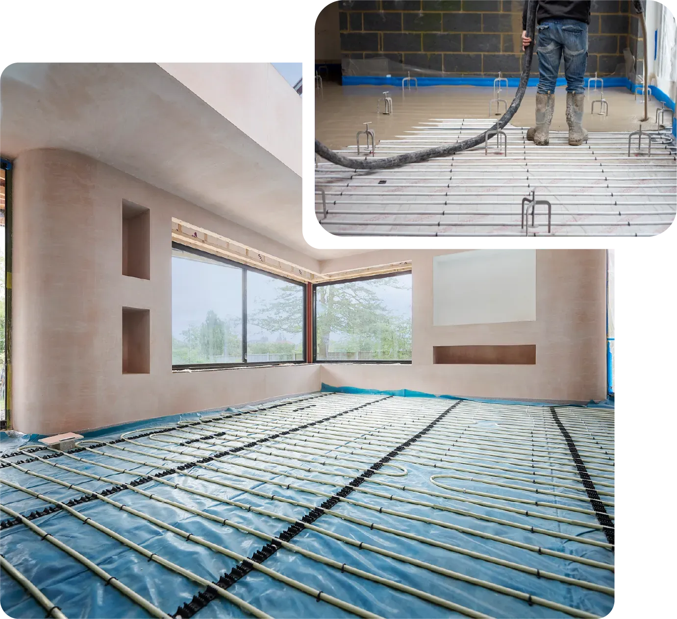 A picture of a wooden deck and a picture of a person cleaning a window
