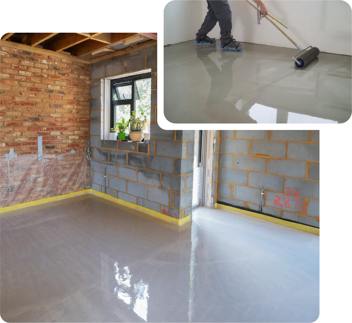 A picture of a wooden deck and a picture of a person cleaning a window