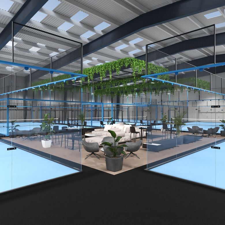 A CGI view of a room of the new Padel Shed Club, showing the waiting area with a lot of furniture and plants