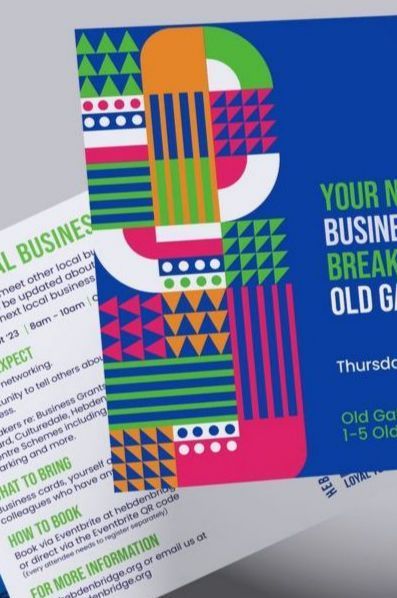 Flyer example designed by design agency orbtihaus - for a business networking, featuring colourful geometric designs 