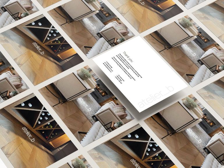 an array of postcards showcasing various rooms to show off the wooden flooring, with contact details on the back of one to show the design in full.