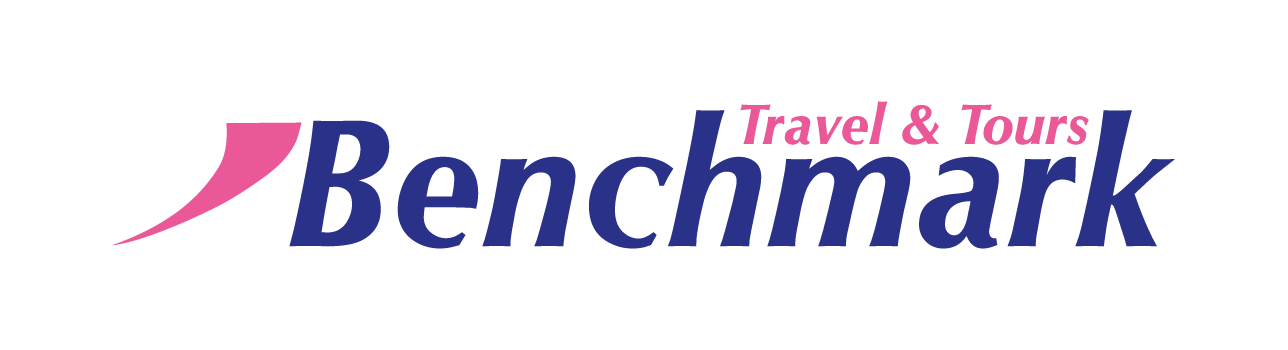 The logo for benchmark travel & tours is blue and pink.
