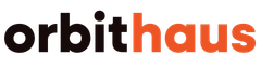 The logo for orbithaus is black and burnt orange on a cream background.