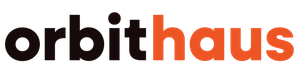 The logo for orbithaus is black and burnt orange on a cream background.