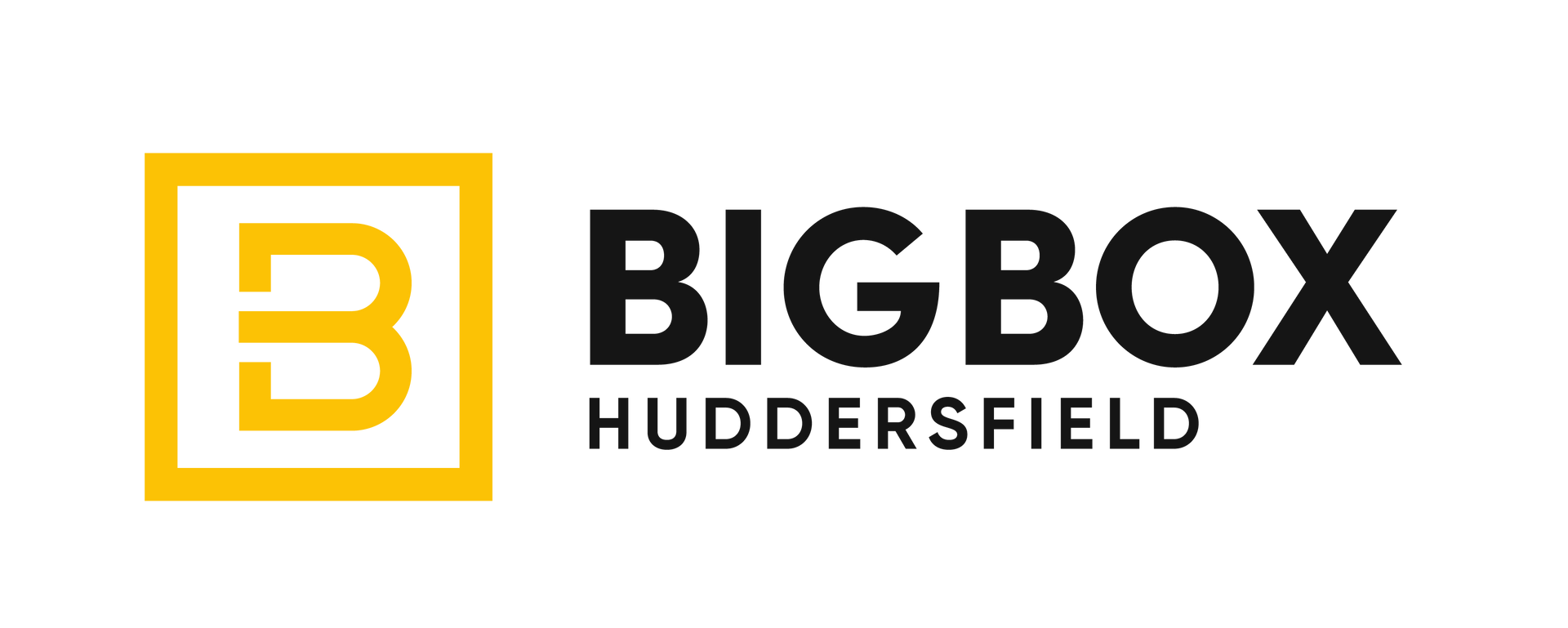 The logo for bigbox huddersfield is yellow and black.