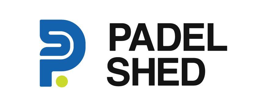 A logo for padel shed with a blue p and a yellow ball.