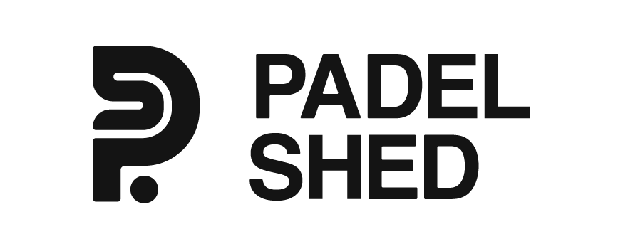 The padel shed logo is black and white and looks like a question mark.