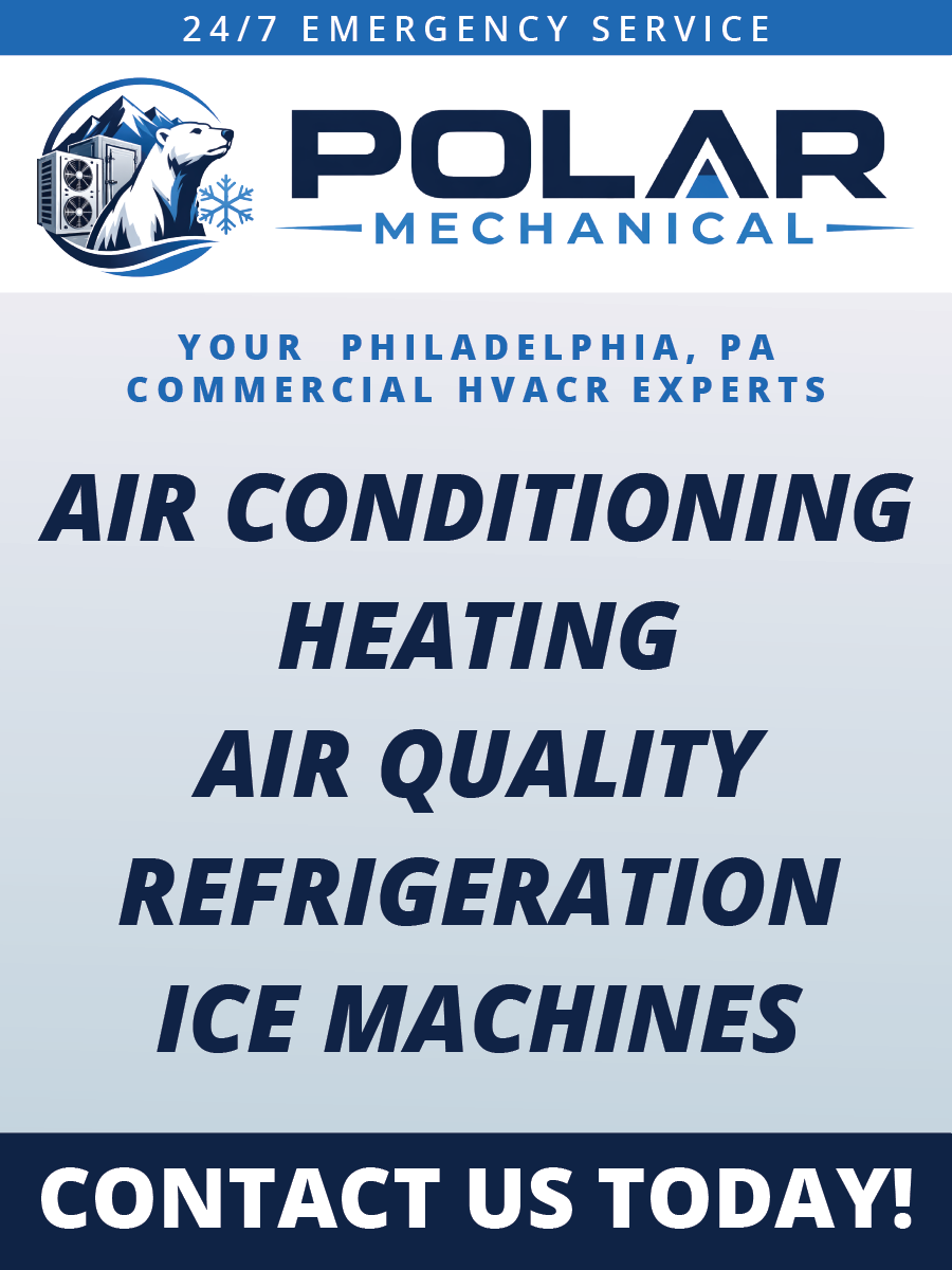 Polar Mechanical HVAC ad with logo and text for air conditioning, heating, air quality, refrigeration, ice machines, and contact us today