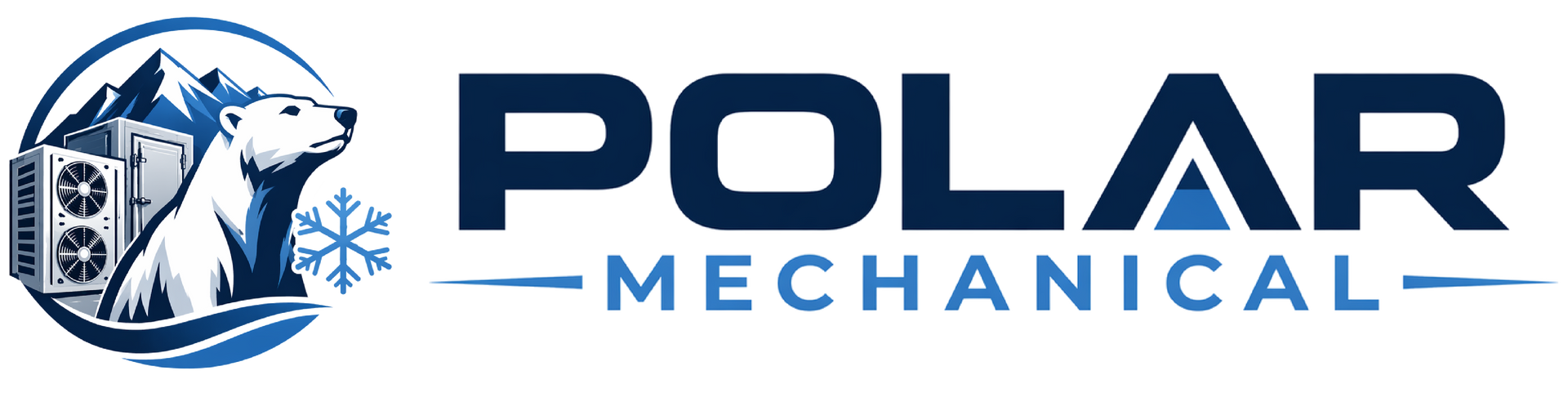 Polar Mechanical logo with blue mountain and snowflake icon and navy text on white background