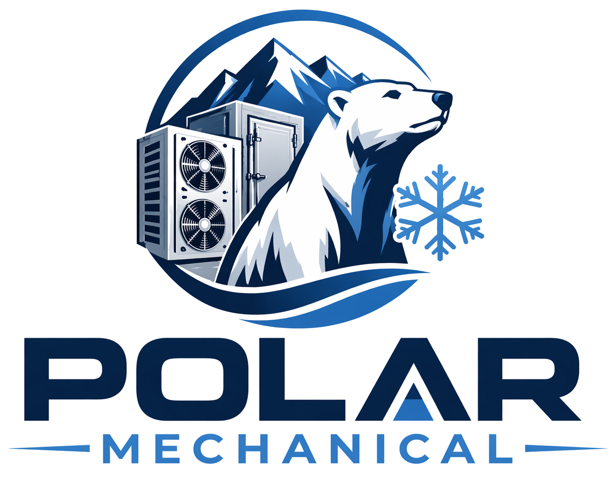 Polar Mechanical logo with polar bear, mountain, snowflake, and HVAC unit in blue and white