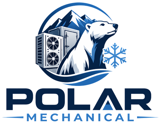 Polar Mechanical logo with polar bear, mountain, snowflake, and HVAC unit in blue and white