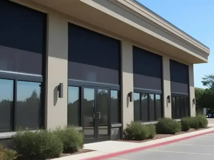 Open pantry with shelves filled with food items, adjacent to a white door. Aprons hang on the door.