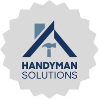 Logo for Handyman Solutions: blue house roof with a hammer, gray background.