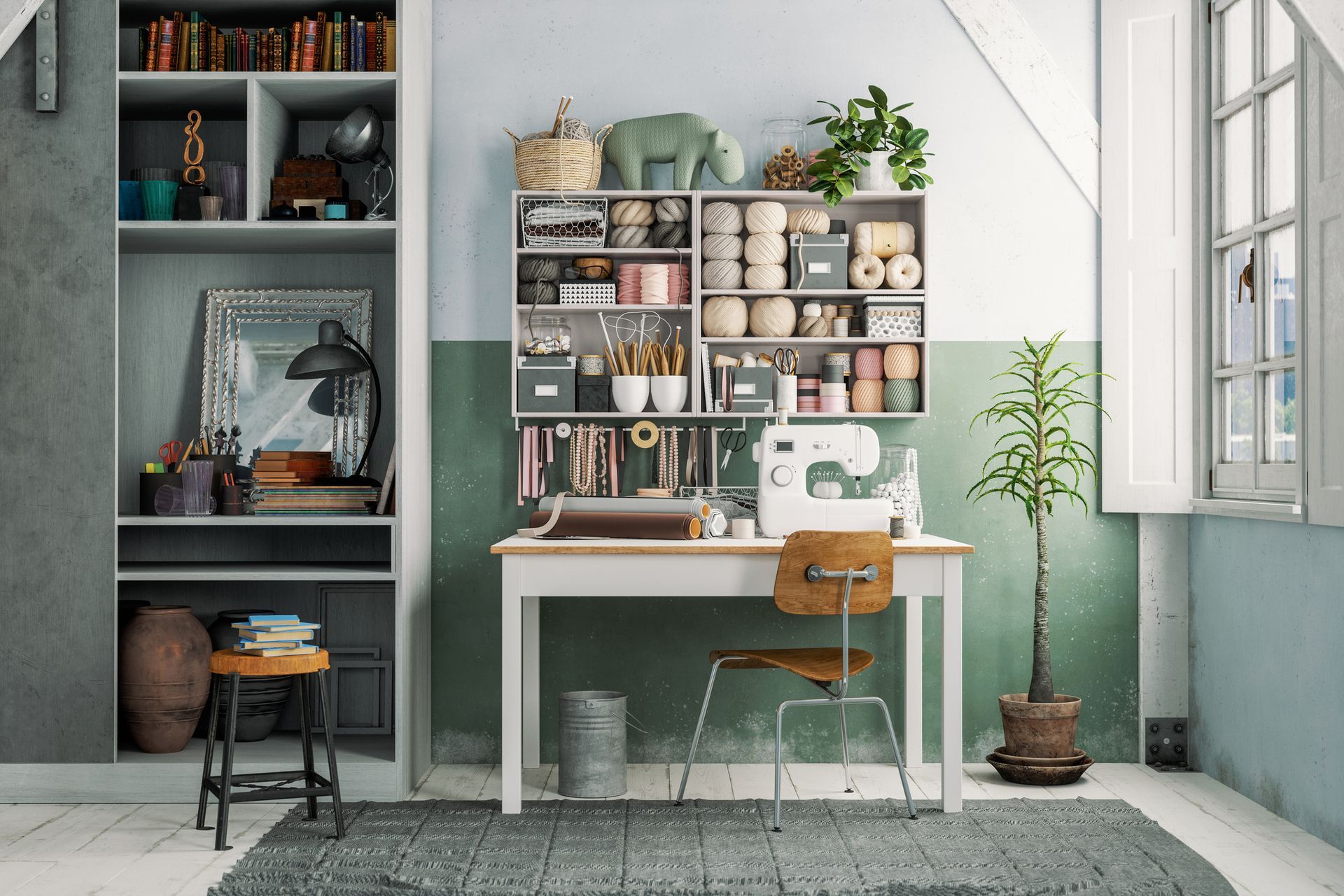 There is a sewing machine on the desk in the room.