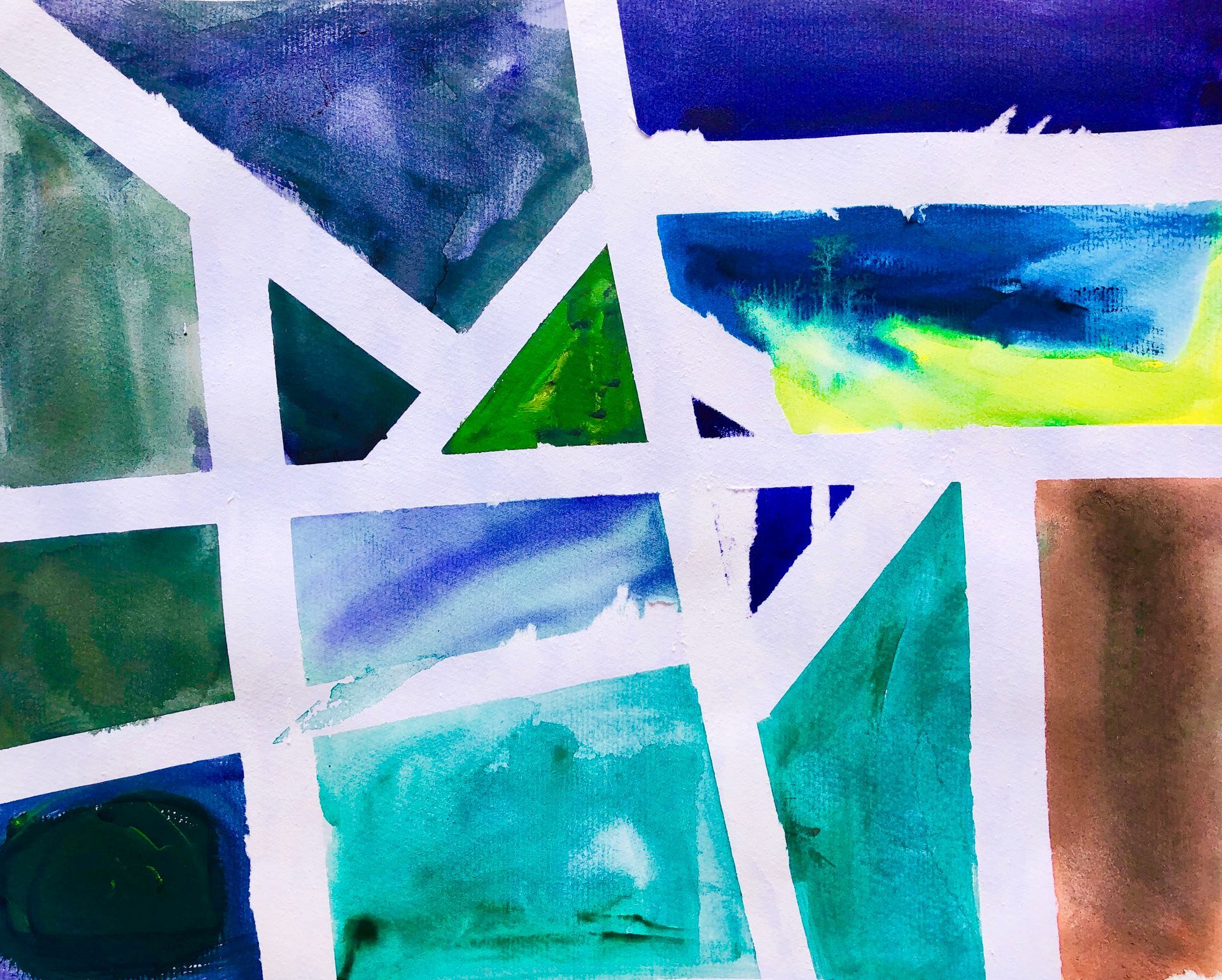 A painting of a stained glass window with blue and green colors