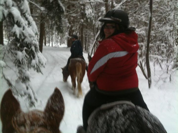A woman in a red jacket is riding a horse in the snow