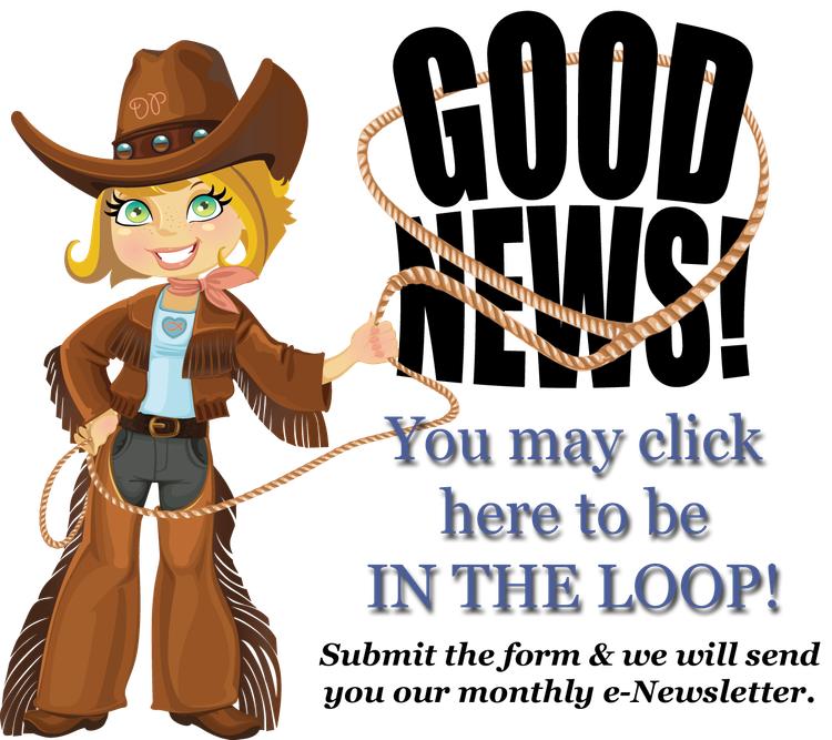 A girl in a cowboy outfit is holding a lasso and says good news you may click here to be in the loop