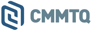 Logo bleu CMMTQ avec un emblème géométrique stylisé sur fond blanc