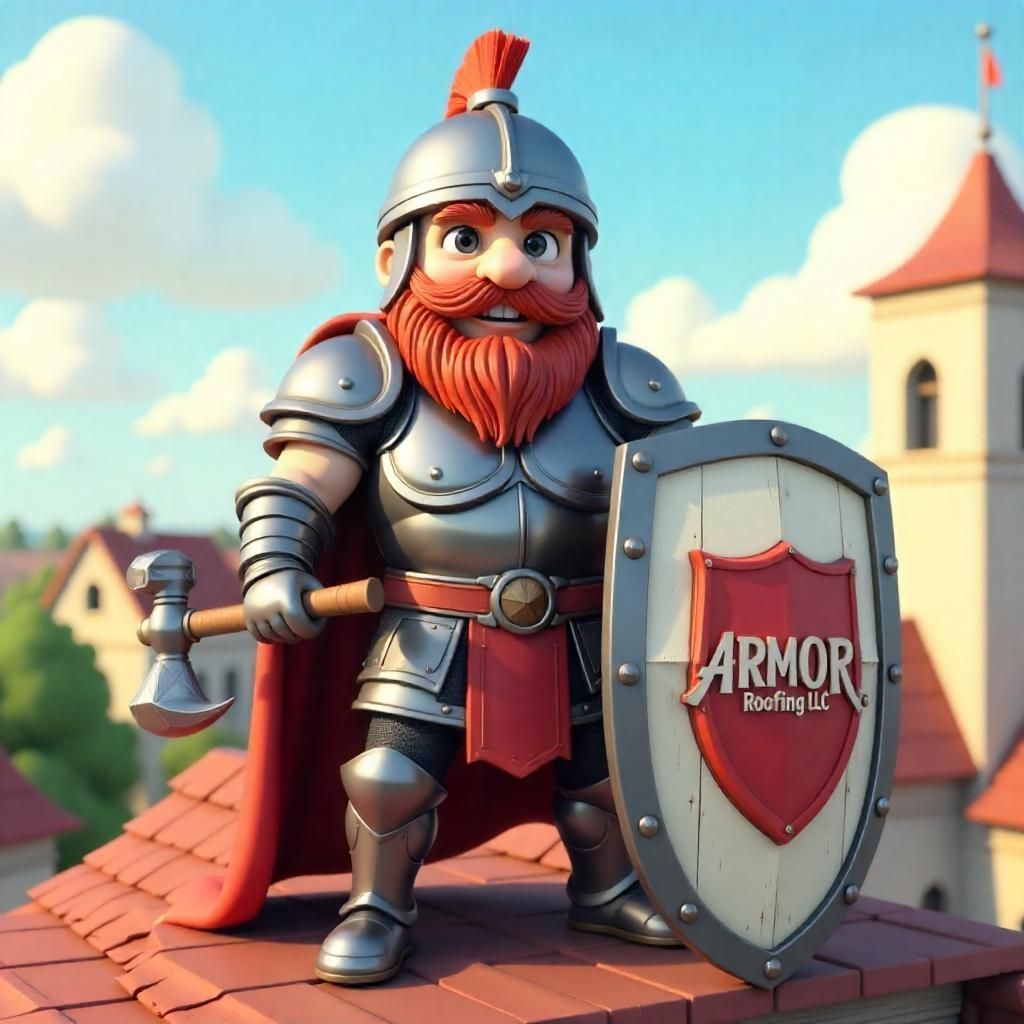 Roofer on a gray shingled roof, hammering shingles. Sunny day, house in background.