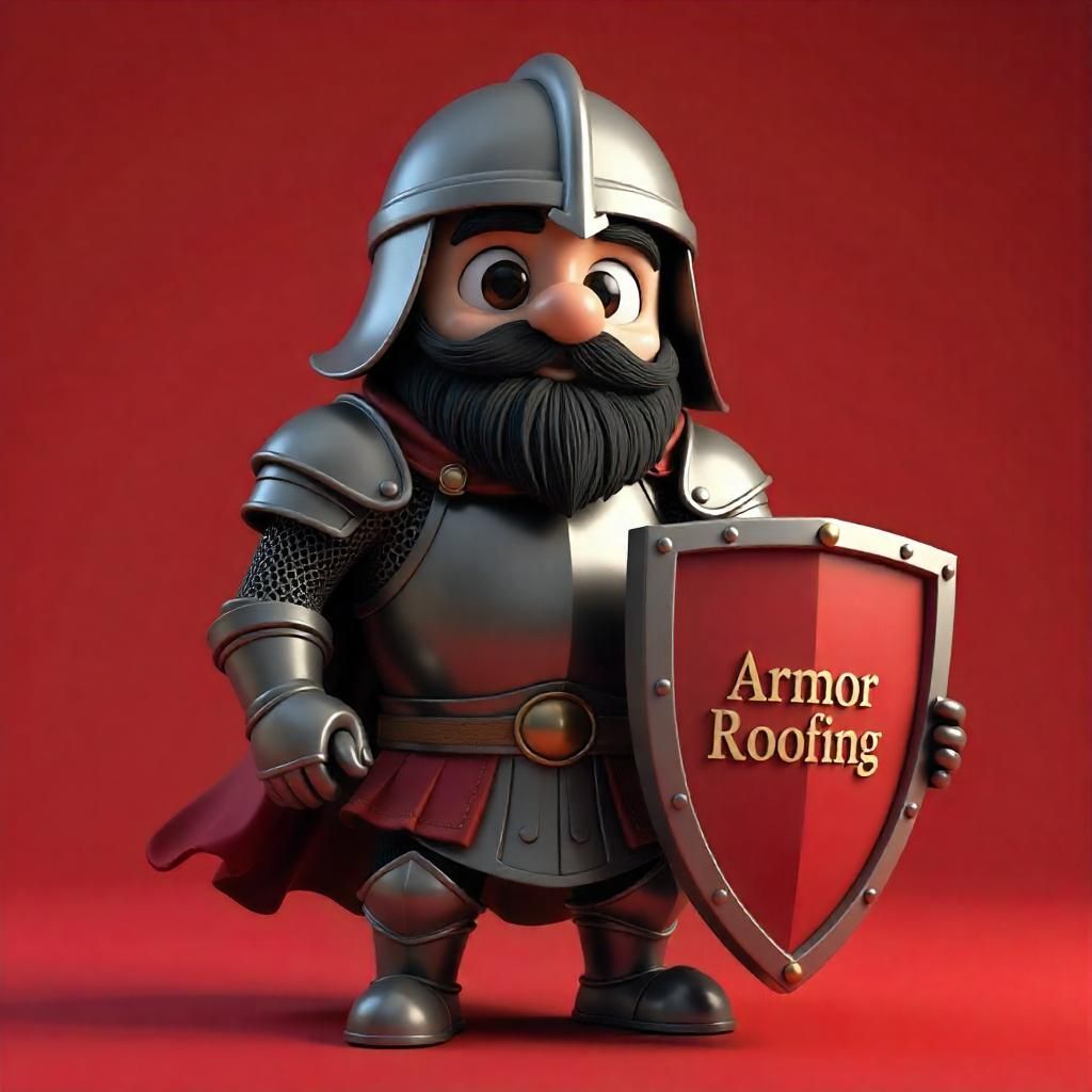 Roofer on a gray shingled roof, hammering shingles. Sunny day, house in background.