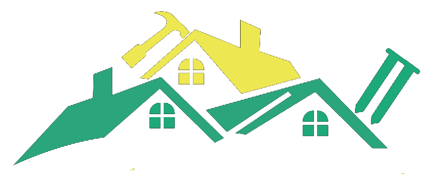 A green and yellow house with a hammer on the roof.