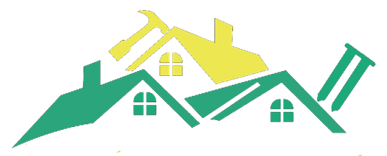 A green and yellow house with a hammer on the roof.