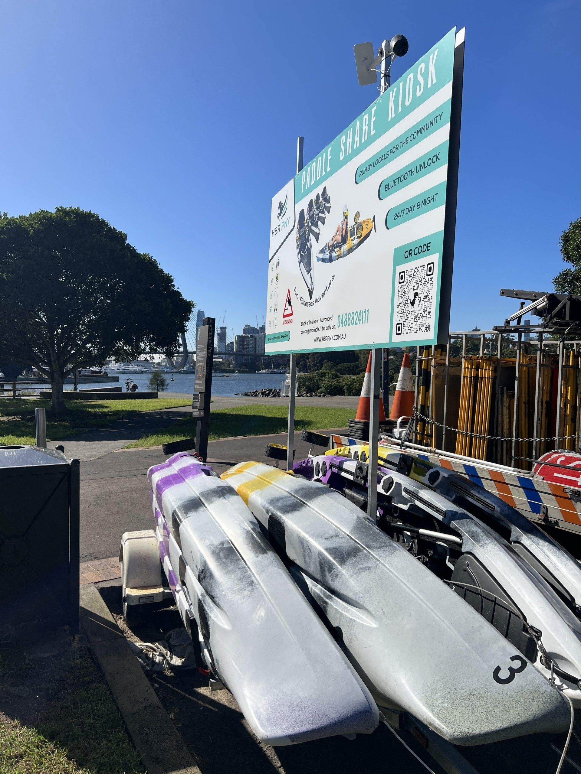 HBR PNY kayak station with kayaks ready for hire in Sydney