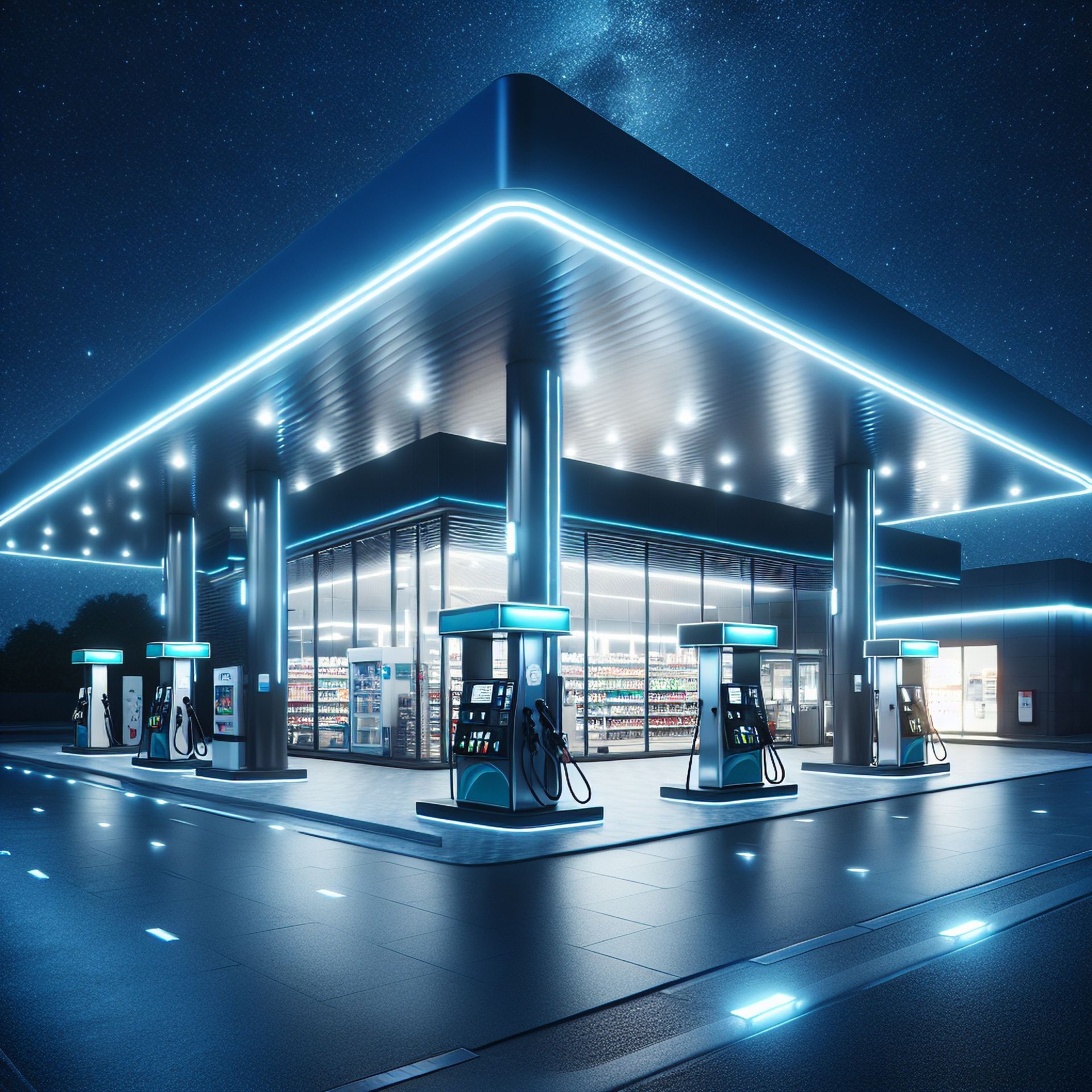 Gas station at night with bright blue neon lights, pumps, and store.