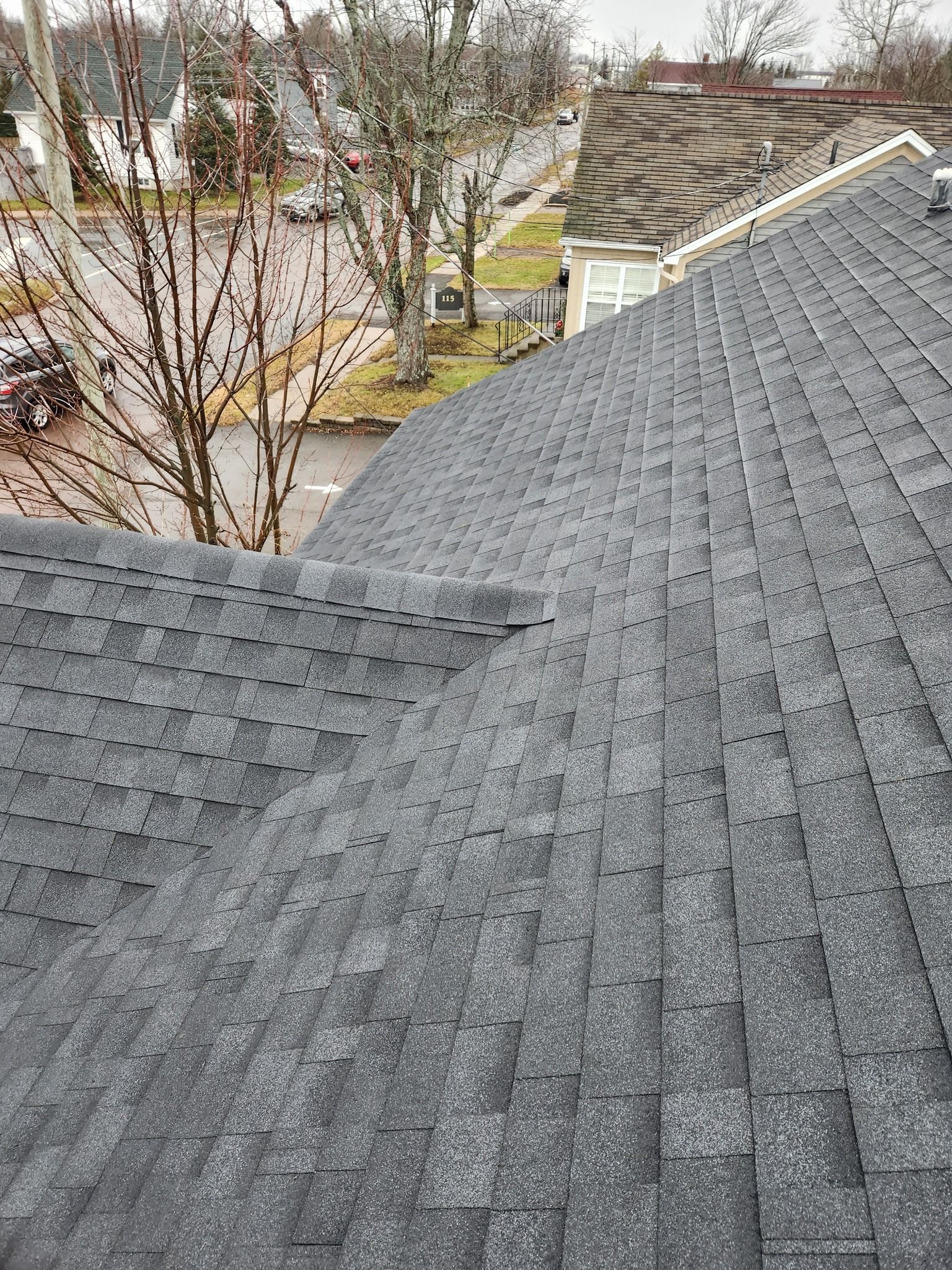 A close up of a roof with a few trees in the background.