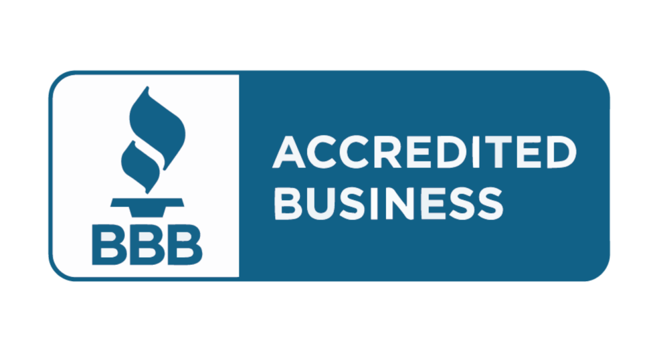 The bbb logo is blue and white and says accredited business.