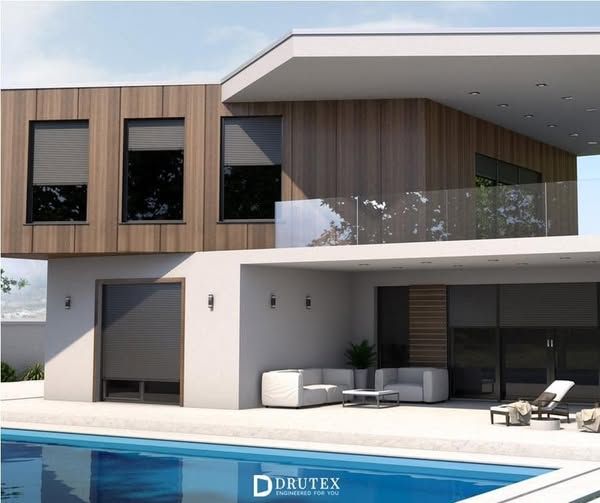 Impressione artistica di una casa moderna con piscina