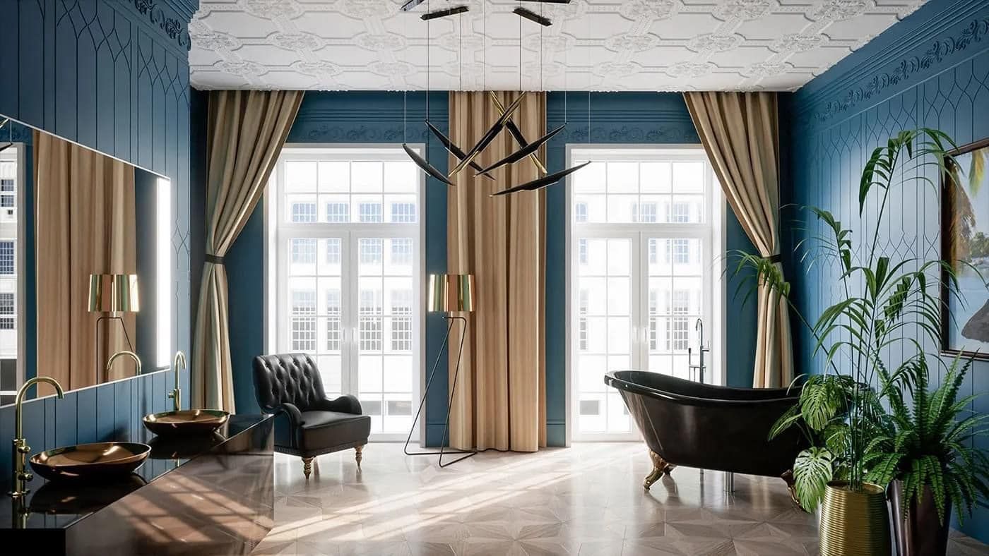 Un bagno con pareti blu, una vasca nera, una sedia, un lavandino e uno specchio.