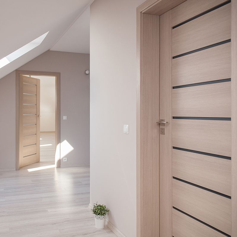 Un corridoio con porte di legno e una pianta in vaso sul pavimento