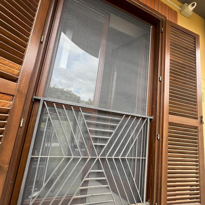 Una finestra con una zanzariera e persiane di legno