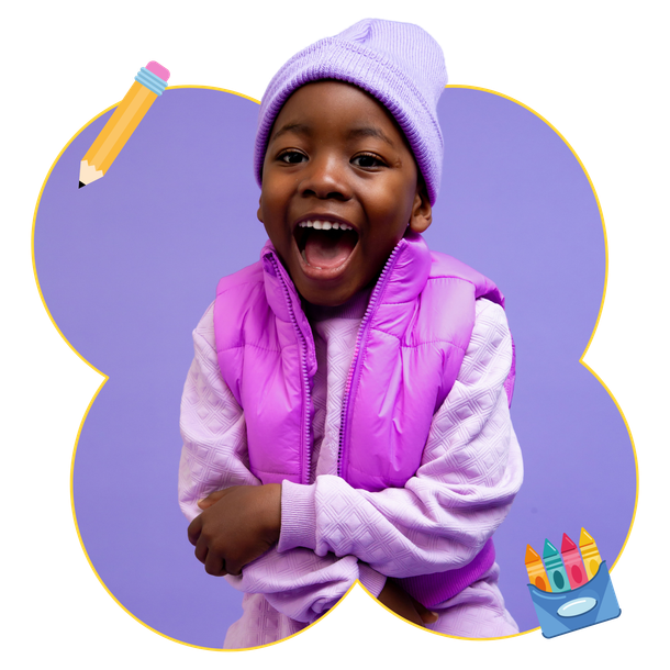 Smiling child wearing purple hat and vest with pencil and crayons.