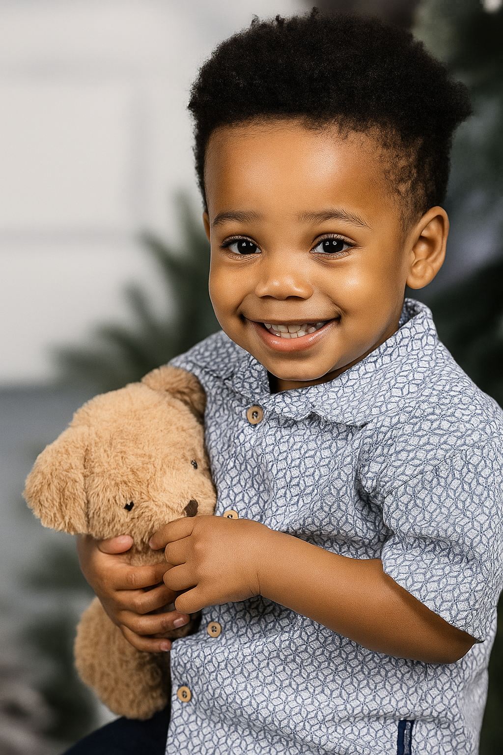 Smiling child holding a toy, in a brightly lit setting, with crayons and slinky.