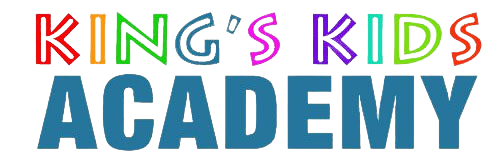 King's Kids Academy logo with colorful text over teal text, possibly for a school or program.