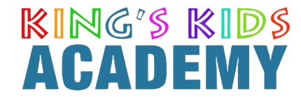 King's Kids Academy logo with colorful text over teal text, possibly for a school or program.