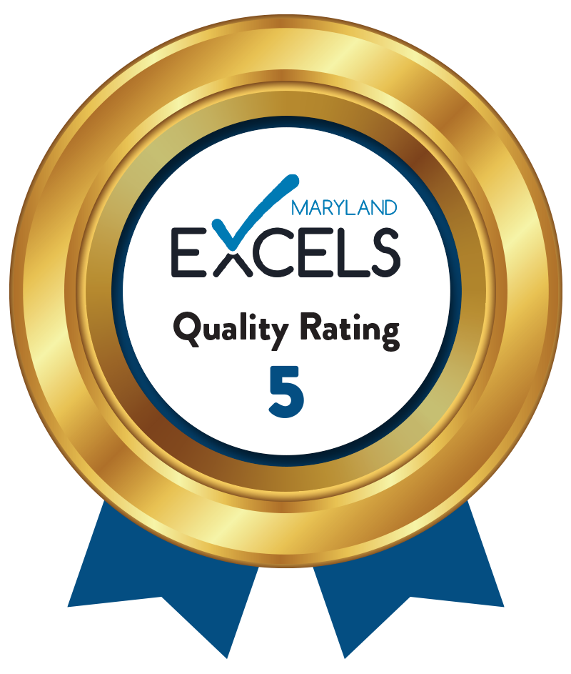 Maryland EXCELS Quality Rating 5 seal. Gold and blue, with check mark.