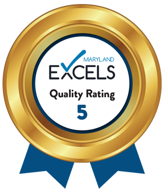 Maryland EXCELS Quality Rating 5 seal. Gold and blue, with check mark.