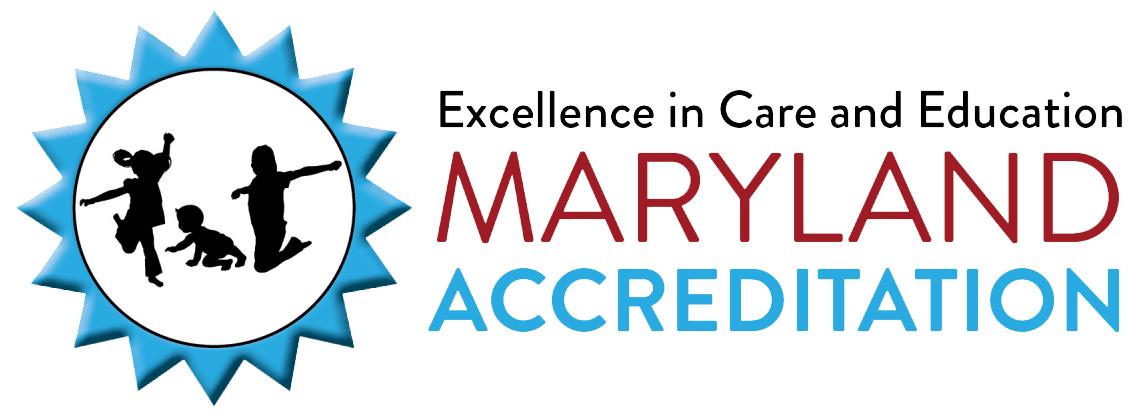 Maryland Accreditation logo featuring silhouetted children, blue starburst, and text.