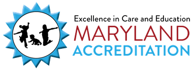 Maryland Accreditation logo featuring silhouetted children, blue starburst, and text.