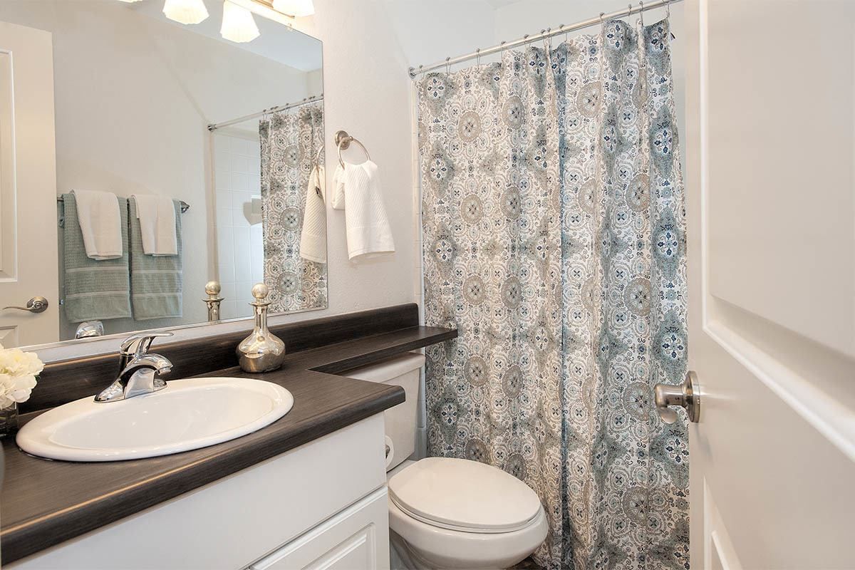 Bathroom with white sink, mirror, toilet, and a blue patterned shower curtain.