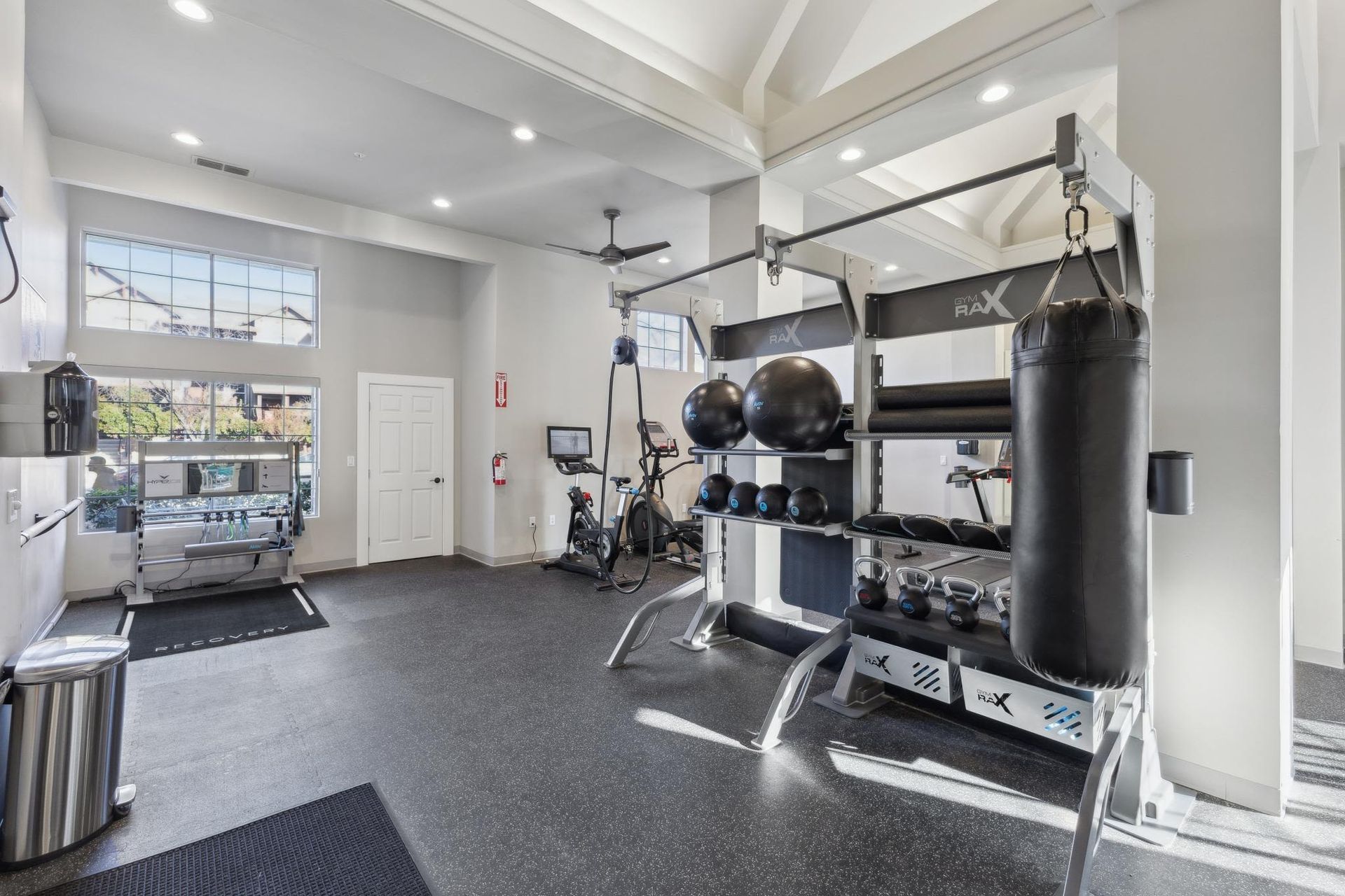 Interior view of a modern community gym with a weight rack, medicine balls, kettlebells, and a punching bag.