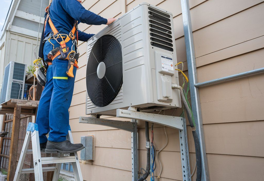 Technician servicing an outdoor HVAC unit with a hose, on a concrete pad near trees.
